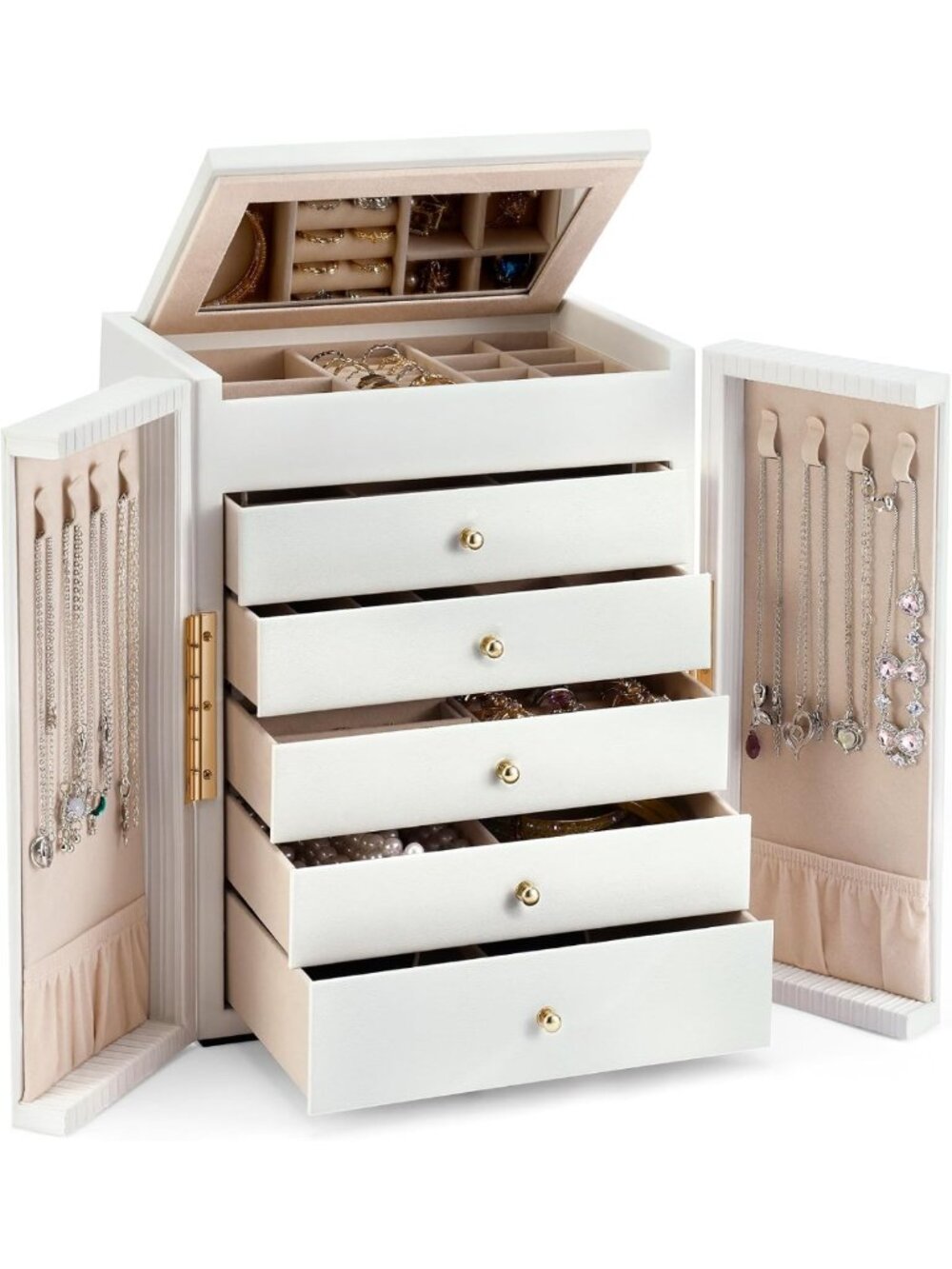 Stylish Large Jewelry Organizer Box with 6 Tiers, 5 Drawers & Mirror - Perfect